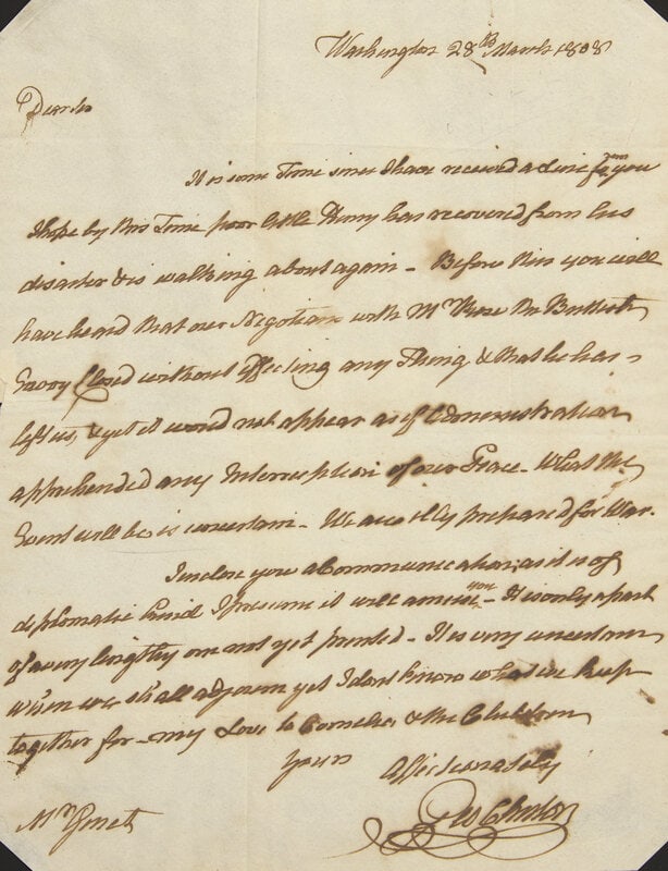 [Americana] Clinton, George. Autograph Letter, signed (1 of 2)