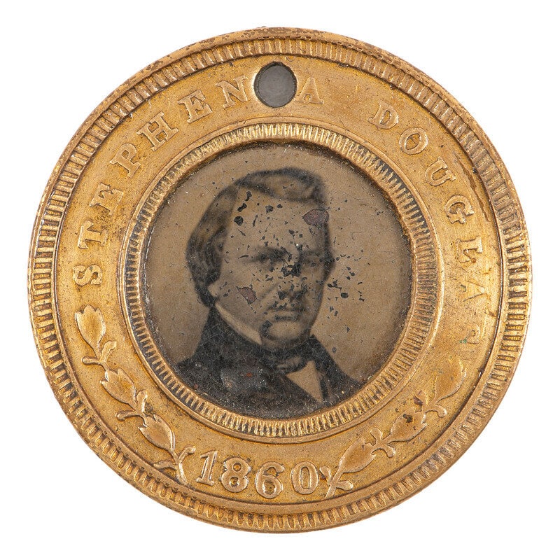 [Americana] (Douglas, Stephen A.) Group of Three Items, incl. Campaign Ferrotype: [Americana] (Douglas, Stephen A.) Group of Three Items, incl. Campaign Ferrotype 3 items. Stephen A. Douglas and Hershel Johnson, back-to-back campaign ferrotype badge. 25 mm gilt brass pendant