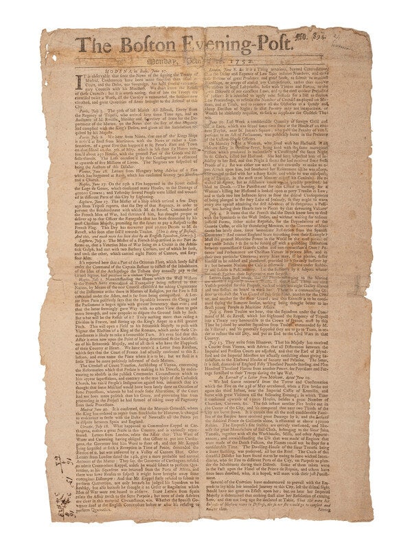 [Americana] [Great South Carolina Hurricane] The Boston Evening Post: [Americana] [Great South Carolina Hurricane] The Boston Evening Post Boston: T. Fleet, 16 October 1752. 2pp., 14 3/4 x 9 3/4 in. A complete, early Colonial American newspaper issued as a single