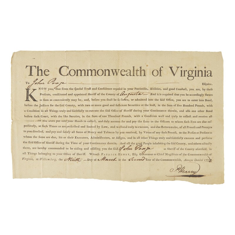 [Americana] Henry, Patrick. Partially-Printed Document, signed : [Americana] Henry, Patrick. Partially-Printed Document, signed Williamsburg, March 9, 1778. Oblong sheet, 8 x 13 in. (203 x 330 mm.) Partially printed document signed by Virginia Governor Patrick