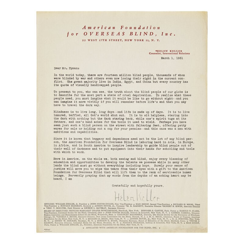[Americana] Keller, Helen. Typed Letter, signed: [Americana] Keller, Helen. Typed Letter, signed New York: March 1, 1951. One sheet, on American Foundation for Overseas Blind letterhead, 11 x 8.5 in. (279 x 215 mm). Typed letter signed by Helen