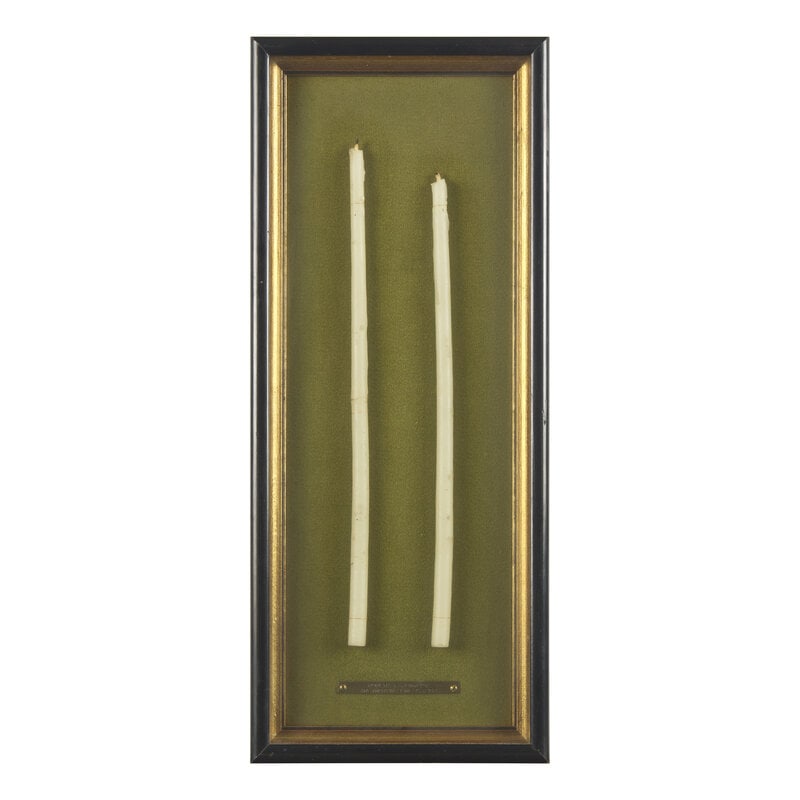 [Americana] (Kennedy, Robert F.) Funeral Mourning Candles: [Americana] (Kennedy, Robert F.) Funeral Mourning Candles (Arlington, ca. June 8, 1968). Wax candles, 9 1/2 and 10 inches tall. Both wicks darkened from use. Mounted to a mat, above an engraved plaque