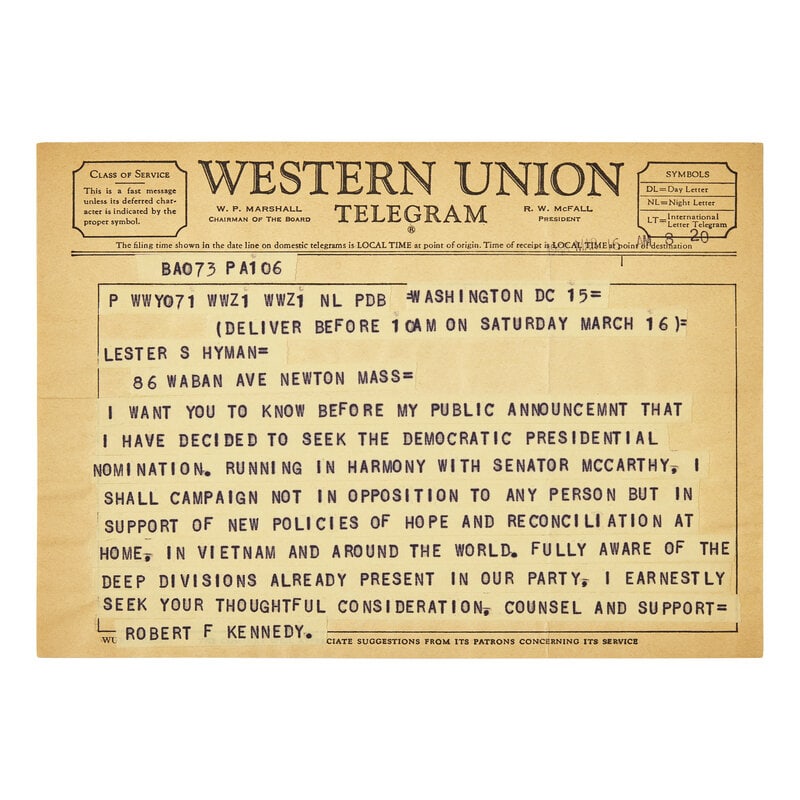 [Americana] (Kennedy, Robert F.) Western Union Telegram Announcing Presidential Campaign: [Americana] (Kennedy, Robert F.) Western Union Telegram Announcing Presidential Campaign Washington, D.C. (March 15, 1968). One sheet, 5 1/2 x 8 in. (140 x 203 mm). Western Union Telegram from