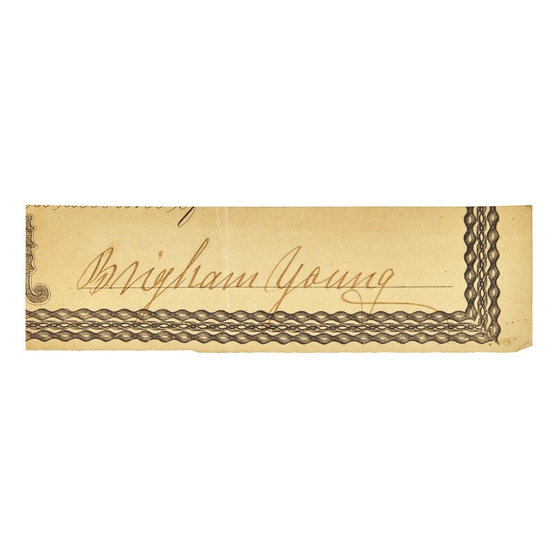 [Americana] Young, Brigham. Clipped Signature: [Americana] Young, Brigham. Clipped Signature No place, no date. Clipped signature of Mormon leader Brigham Young, excised from an American Bank Note Company-printed document. 1 x 4 1/4 in. (25 x