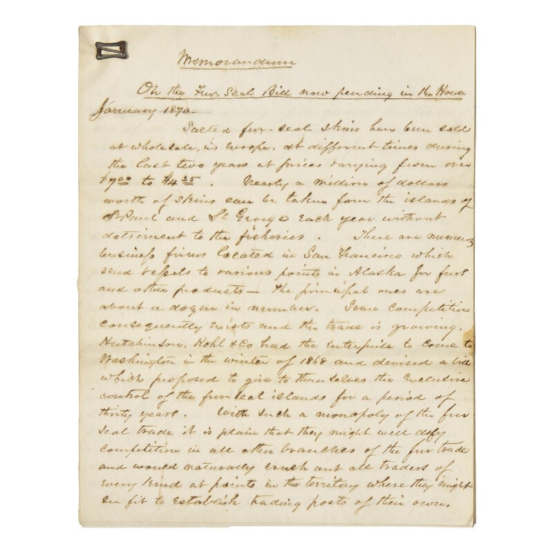 [Alaska] Manuscript Document, "On the Fur Seal Bill" (1 of 1)