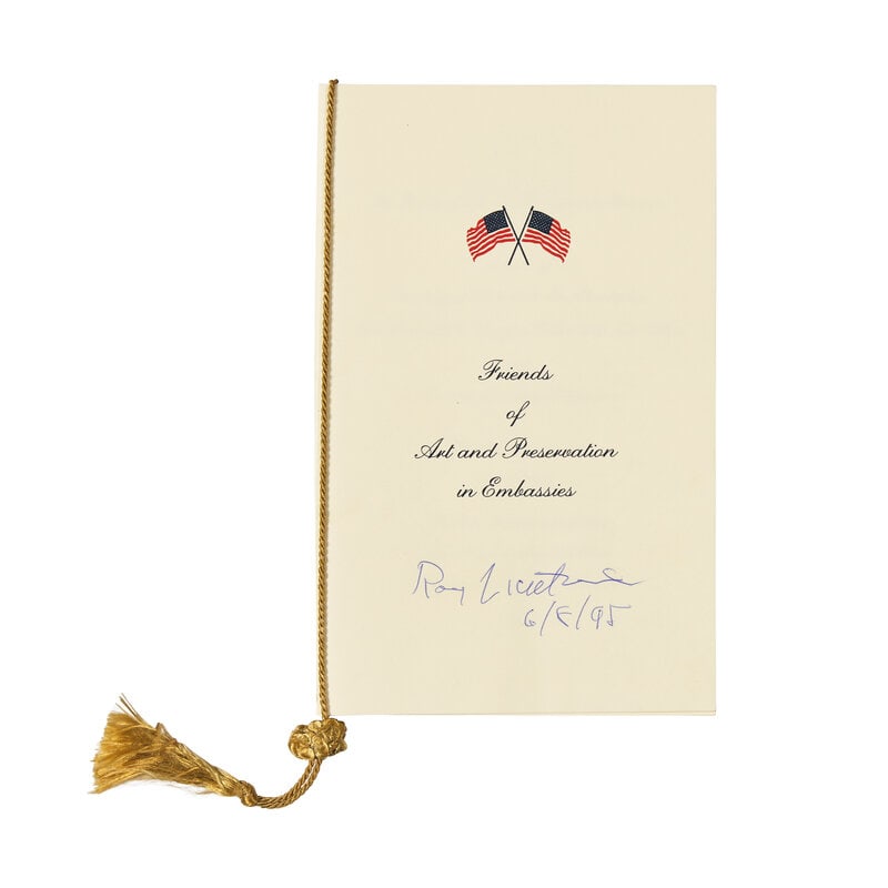 [Art] Lichtenstein, Roy. Signed Pamphlet: [Art] Lichtenstein, Roy. Signed Pamphlet (Washington, D.C.), June 8, 1995. Pamphlet for dinner event held by the Friends of Art and Preservation in Embassies. Unpaginated, 8vo. Signed on the fro