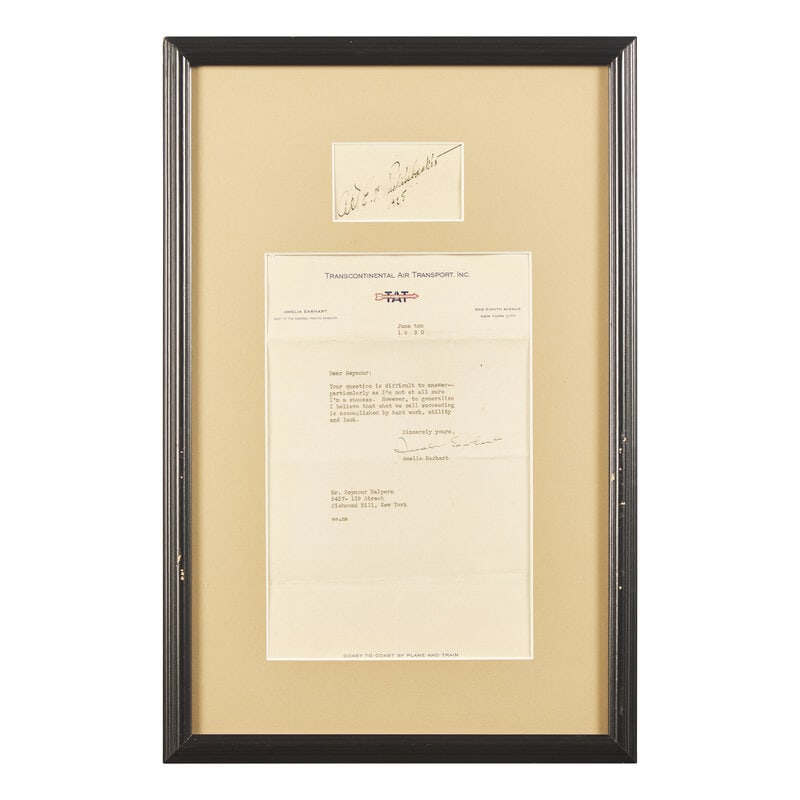 [Aviation] Earhart, Amelia and Eddie Rickenbacker. Pair of Signed Items: [Aviation] Earhart, Amelia and Eddie Rickenbacker. Pair of Signed Items New York, June 3, 1930. One sheet, 10 1/4 x 6 1/2 in. (260 x 165 mm). Typed letter signed, on Transcontinental Air Transport In