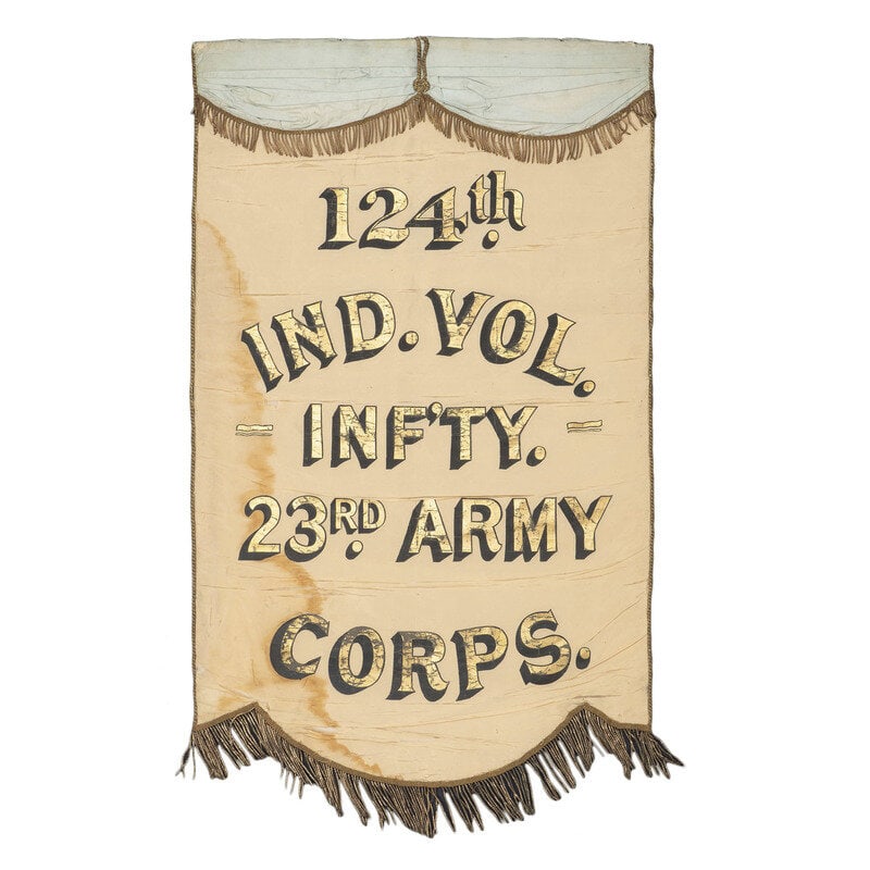 [Civil War] 124th Indiana Volunteer Infantry reunion banner, tassels, and GAR reunion photograph: [Civil War] 124th Indiana Volunteer Infantry reunion banner, tassels, and GAR reunion photograph Lot comprised of the following items identified to the 124th Indiana Volunteer Infantry, including: