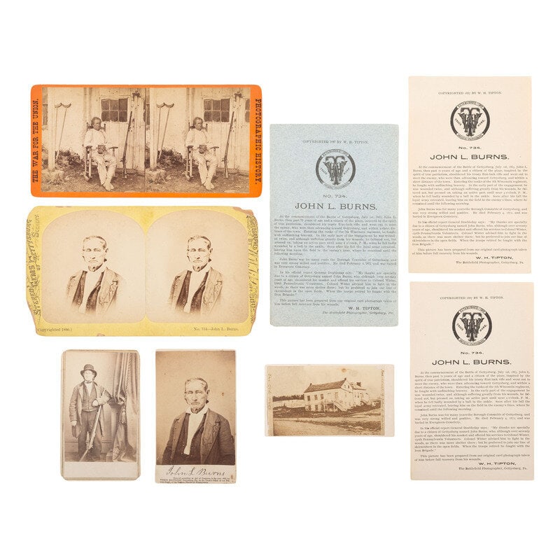 [Civil War] (Burns, John L.) Photographs and Ephemera Identified to the "Hero of Gettysburg.": [Civil War] (Burns, John L.) Photographs and Ephemera Identified to the "Hero of Gettysburg." 8 items. Conditions overall good. Some chipping and edge/corner loss to Tipton stereoview of Burns.
