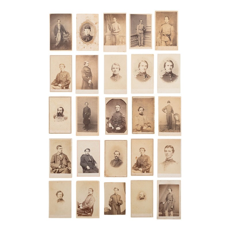 [Civil War] Group of 25 Carte de Visites of Soldiers from Massachusetts: [Civil War] Group of 25 Carte de Visites of Soldiers from Massachusetts 25 CDVs of soldiers from Massachusetts, some subjects identified. The following photographers/studios are represented: 