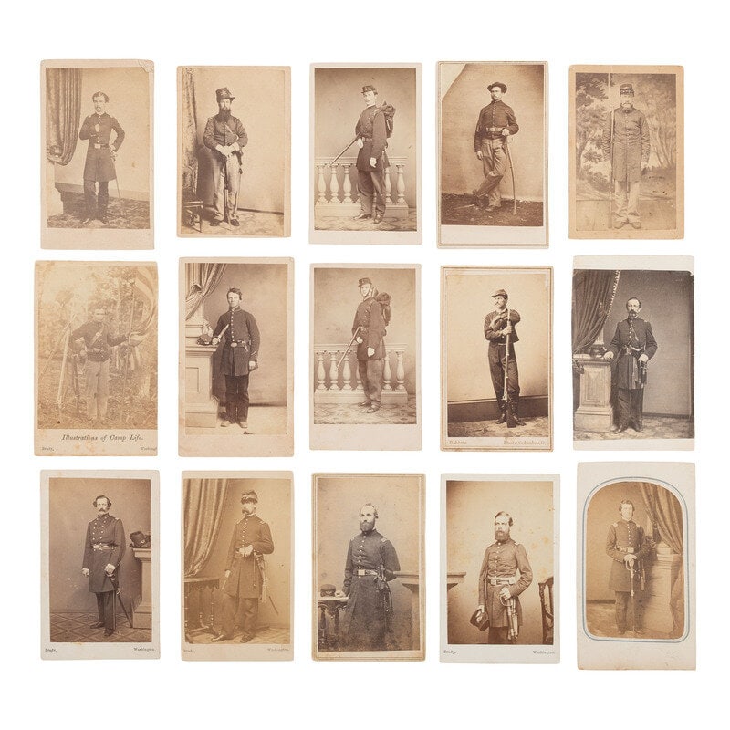 [Civil War] Group of 15 Carte de Visites of Armed Union Officers and Enlisted Men. : [Civil War] Group of 15 Carte de Visites of Armed Union Officers and Enlisted Men. Conditions generally good to very good, with occasional toning, scattered spotting, and edge and corner wear to moun