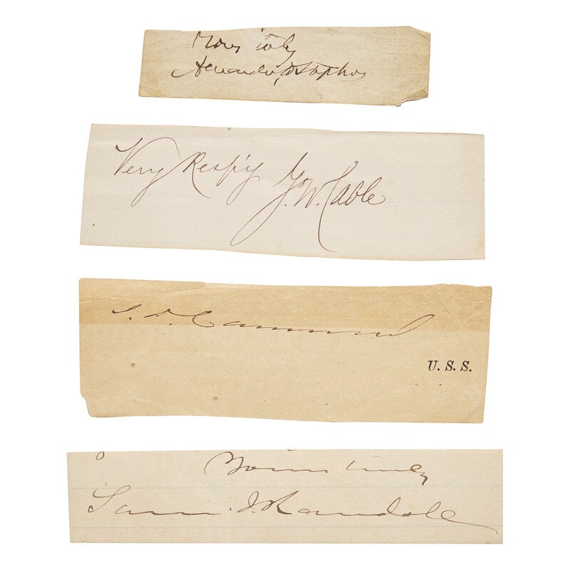 [Civil War] Group of Four Clipped Signatures: [Civil War] Group of Four Clipped Signatures No place, no date. Sizes vary. Each excised from other documents. Conditions vary. Signatures include Confederate Vice President Alexander Stephens (1812-1