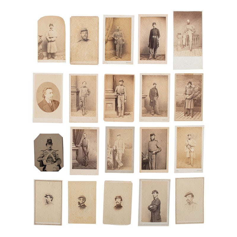[Civil War] Group of 28 Carte de Visites and Tintype of the 7th New York State Militia : [Civil War] Group of 28 Carte de Visites and Tintype of the 7th New York State Militia 28 images, including 27 CDVs and a 3 1/8 x 2 1/2 in. tintype showing unidentified members of the 7th New York St