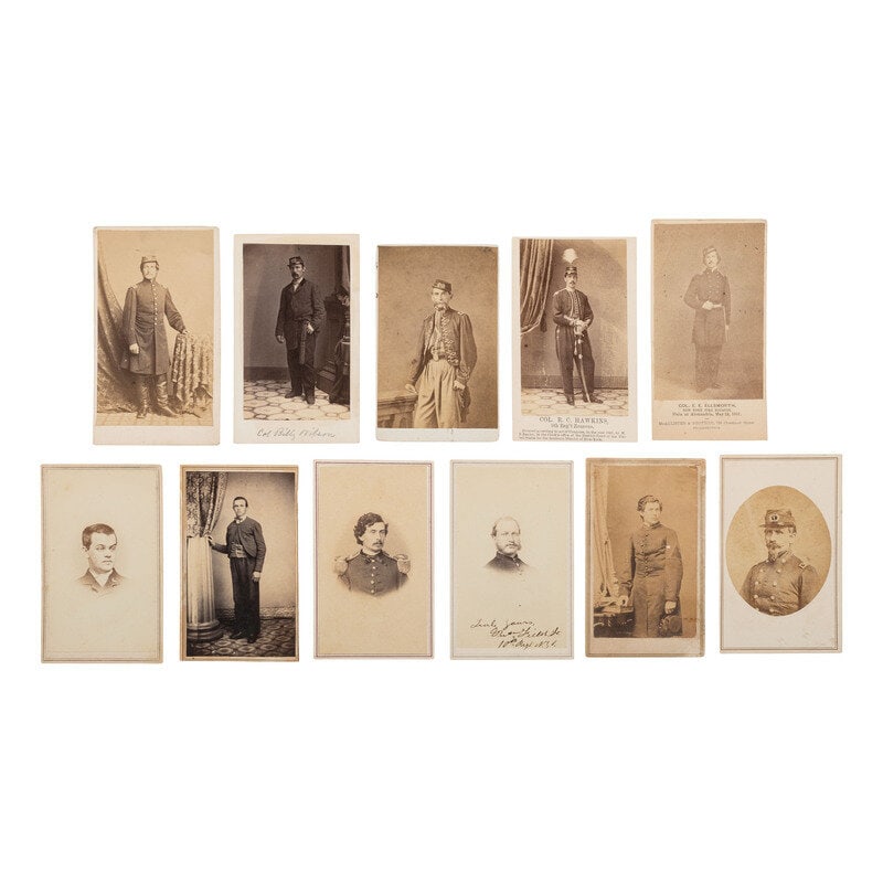 [Civil War] Group of 11 Carte de Visites New York Zouaves, incl. Rush Hawkins and Elmer Ellsworth : [Civil War] Group of 11 Carte de Visites New York Zouaves, incl. Rush Hawkins and Elmer Ellsworth 11 CDVs of Zouaves, some identified. Images in varying conditions though most feature some toning and