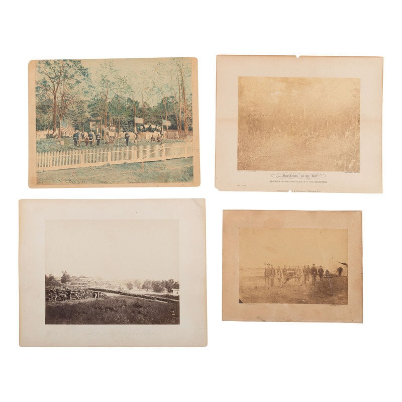[Civil War] Group of Four Photographs of Civil War Soldiers and related subjects: [Civil War] Group of Four Photographs of Civil War Soldiers and related subjects 4 photographs. Including: 5 1/2 x 7 3/4 in. photograph on cardstock mount showing a group of soldiers standing at atten