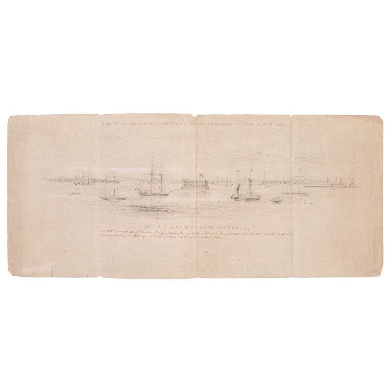 [Civil War] Hand-Drawn Sketch of Blockaded Charleston Harbor, with Inscribed Key. : [Civil War] Hand-Drawn Sketch of Blockaded Charleston Harbor, with Inscribed Key. 16 1/2 x 7 1/8 in. paper sheet, with creases along folds, soiling, and chipping to edges, corners, and crease