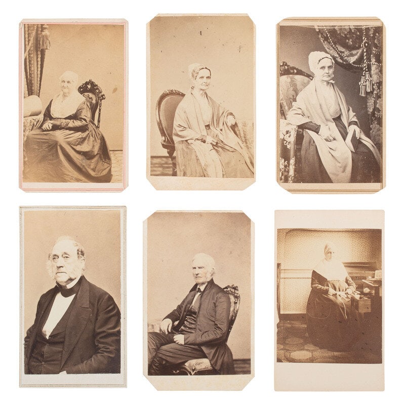 [Early Photography] Group of 19 Photographs of Quakers, incl. Lucretia Mott and Brigflatts Meeting H: [Early Photography] Group of 19 Photographs of Quakers, incl. Lucretia Mott and Brigflatts Meeting House. Lot comprised of 19 CDVs and tintypes, the majority featuring portraits of Quaker women photog