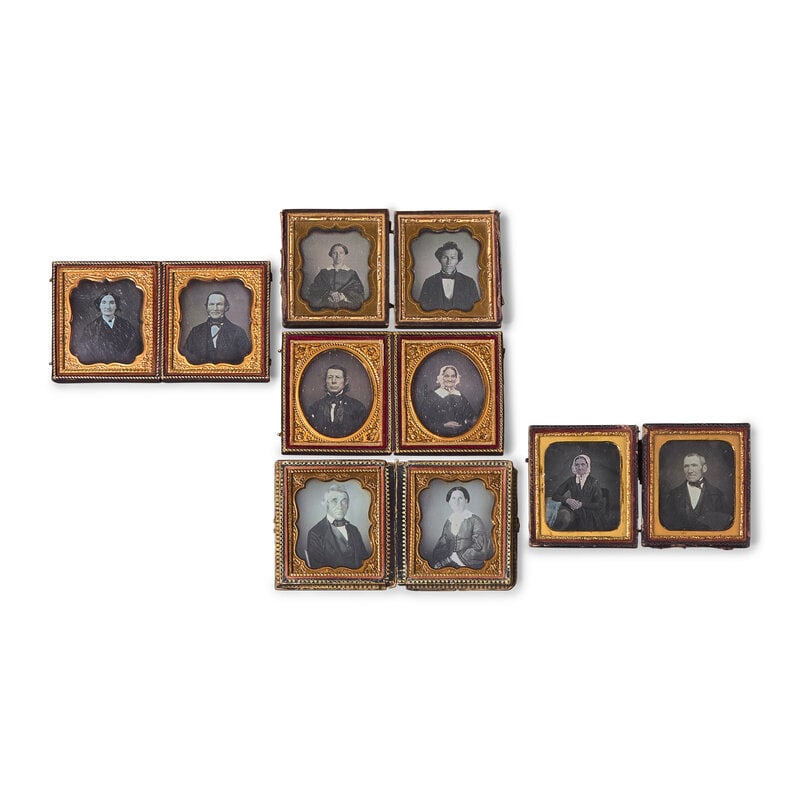 [Early Photography] Group of 19 Sixth Plate Daguerreotype Paired Portraits, All Couples: [Early Photography] Group of 19 Sixth Plate Daguerreotype Paired Portraits, All Couples Publishers and subjects mostly unidentified. All sixth plate size. Some without cases. Conditions vary.