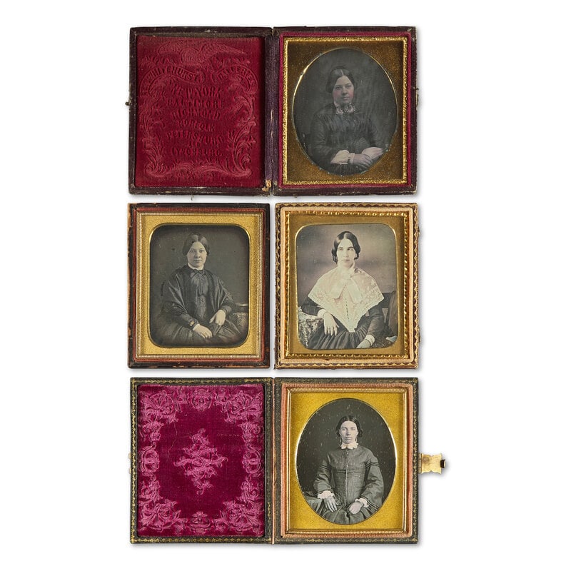 [Early Photography] Group of 36 Sixth Plate Daguerreotypes of Women: [Early Photography] Group of 36 Sixth Plate Daguerreotypes of Women Publishers and subjects mostly unidentified. All sixth plate size. Some without cases. Conditions vary. Including: Seated pose o