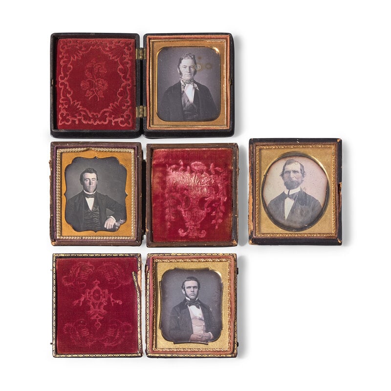 [Early Photography] Group of 36 Sixth Plate Daguerreotypes of Men with Unique Hairstyles or Facial H (1 of 2)