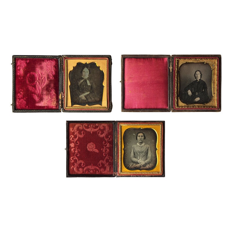 [Early Photography] Group of 42 Sixth Plate Daguerreotypes of Women : [Early Photography] Group of 42 Sixth Plate Daguerreotypes of Women Publishers and subjects mostly unidentified (one with mat stamped "L.D. Bushwell", another with "Van Loan and Co.". All sixth