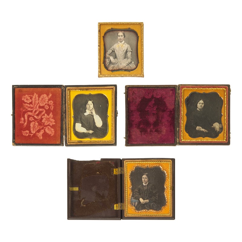 [Early Photography] Group of 32 Sixth Plate Daguerreotypes of Women : [Early Photography] Group of 32 Sixth Plate Daguerreotypes of Women Publishers and subjects unidentified. All sixth plate size. Some without cases. Conditions vary. Including: Seated pose of a yo