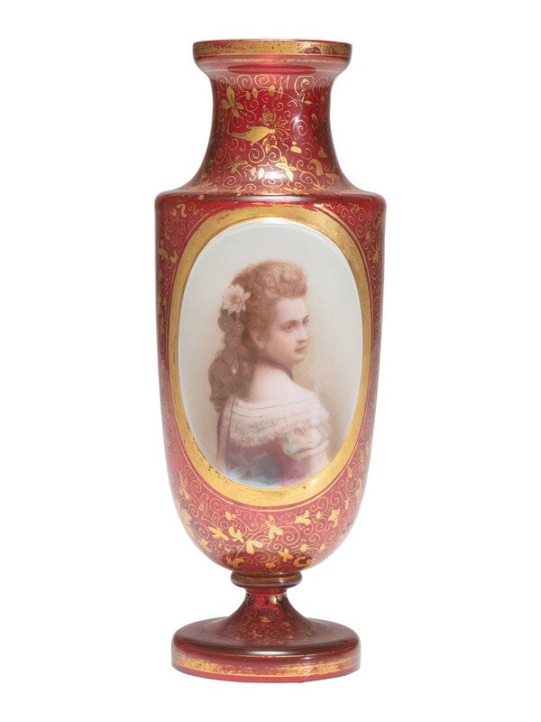 [Early Photography] Urn Featuring Photographic Portrait of a Young Woman : [Early Photography] Urn Featuring Photographic Portrait of a Young Woman Oval-length, embellished photographic transfer portrait of a lovely woman, approx. 4 x 3 in., on a decorative urn with