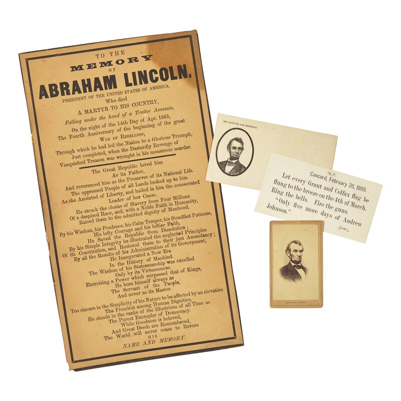 [Lincoln, Abraham] Group of Three Items: [Lincoln, Abraham] Group of Three Items Including: Carte de visite photograph of Lincoln by Matthew Brady, 4 x 2 1/2 in. Notation on back identifying it as a Brady photo. Creased with some pencil