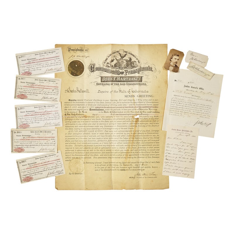 [Lincoln, Abraham] Hartranft, John F. Group of 10 Signed Items: [Lincoln, Abraham] Hartranft, John F. Group of 10 Signed Items Locations vary, ca. 1866-70. Including: autograph letter signed dated June 18, 1884; signature mounted to a 4 x2 in. photograph;