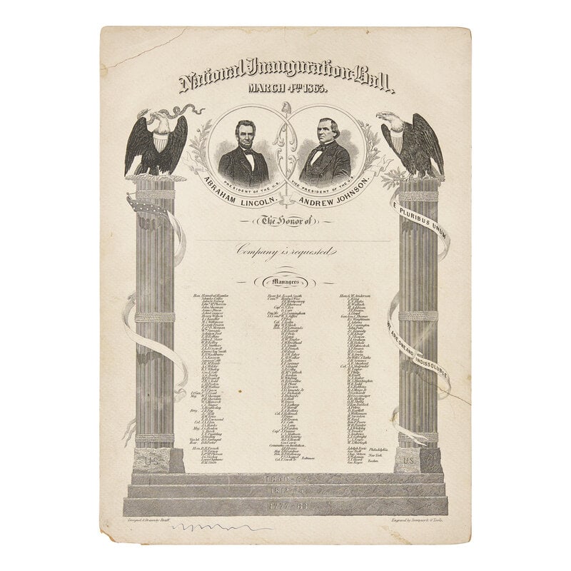 [Lincoln, Abraham] National Inauguration Ball Invitation. March 4th, 1865: [Lincoln, Abraham] National Inauguration Ball Invitation. March 4th, 1865 (Washington, D.C.): Engraved by Dempsey & O'Toole, after a design by Joseph Goldsborough Bruff, 1865. Engraved