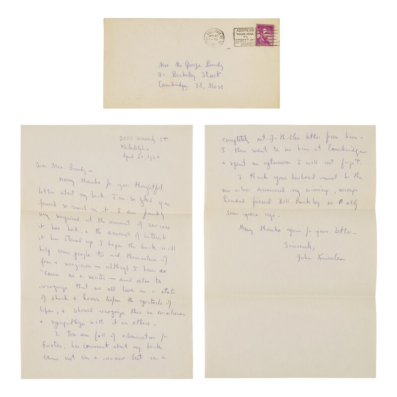 [Literature] Knowles, John. A Separate Peace, with an Autograph Letter, signed: [Literature] Knowles, John. A Separate Peace, with an Autograph Letter, signed New York: The Macmillian Company, 1960. First American edition. Publisher's blue gray cloth, lightly faded; endpapers lig