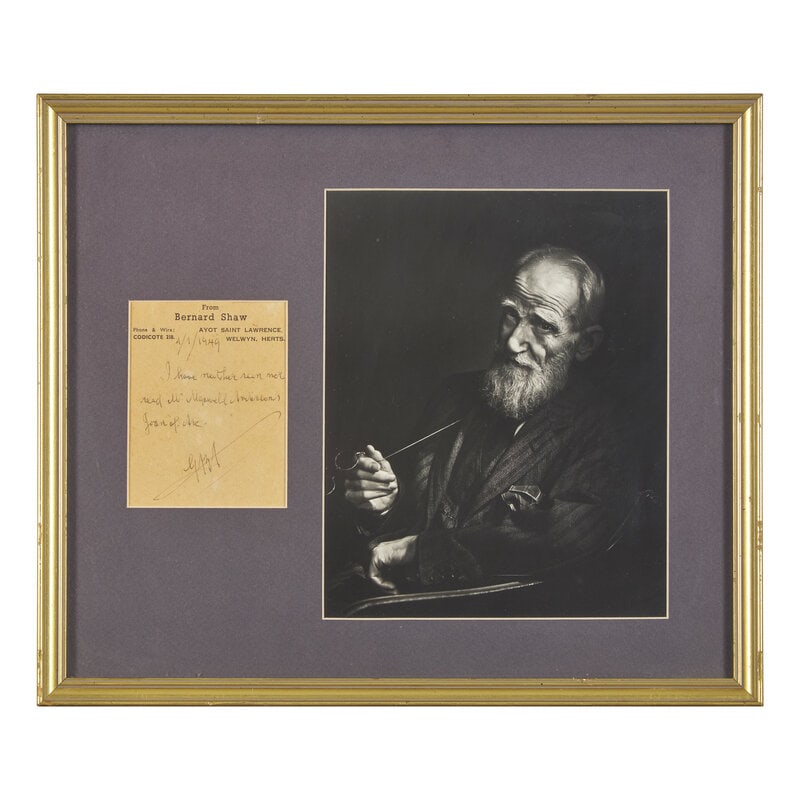 [Literature] Shaw, George Bernard. Autograph Note, initialed: [Literature] Shaw, George Bernard. Autograph Note, initialed Ayot Saint Lawrence, January 1, 1949. One sheet, 4 1/2 x 3 1/2 in. (114 x 89 mm). Autograph note on personal letterhead, initialed by