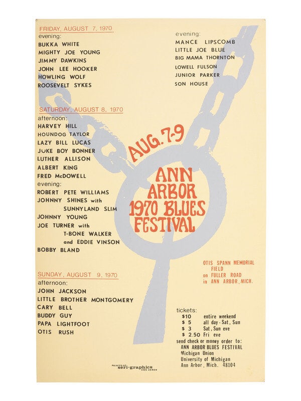 [Music] Four Items Promoting the Ann Arbor Blues and Jazz Festivals, 1970-72: [Music] Four Items Promoting the Ann Arbor Blues and Jazz Festivals, 1970-72 Aug. 7-9 Ann Arbor 1970 Blues Festival. Ann Arbor, MI: Seri-Graphics, [1970]. 22 x 14 in. poster printed on stiff pos
