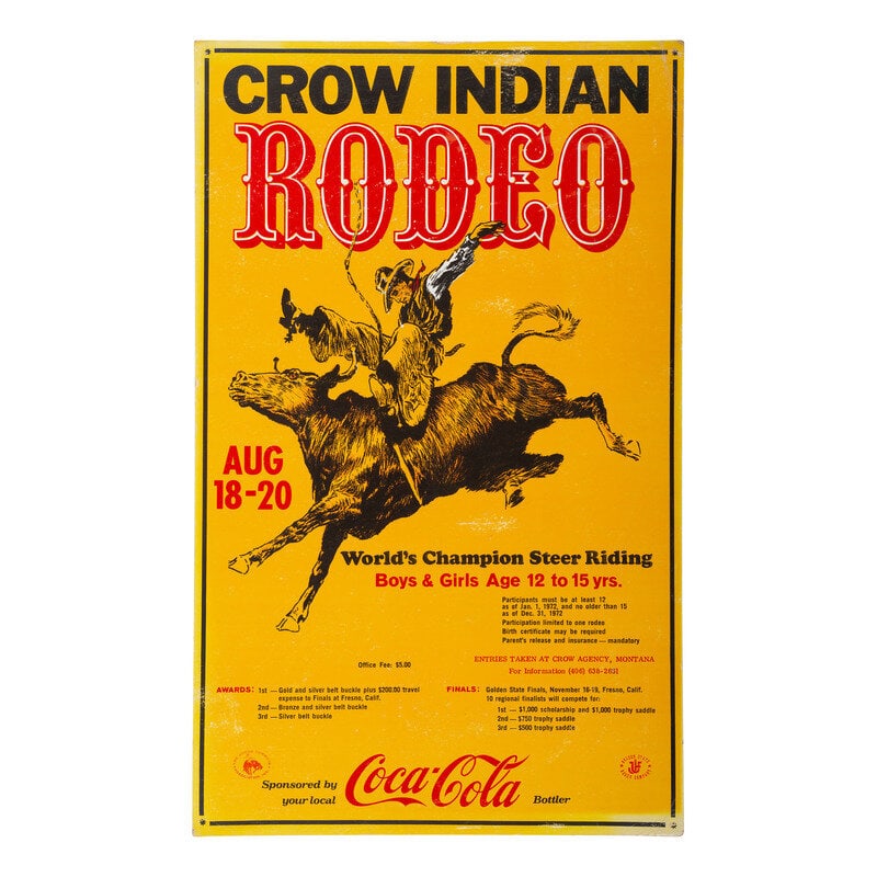 [Native Americana] Poster Advertising the 1972 Crow Indian Rodeo in Montana : [Native Americana] Poster Advertising the 1972 Crow Indian Rodeo in Montana Crow Indian Rodeo. Crow Agency, Montana: Rodeo Cowboy's Association Inc., 18-20 August, 1972. 22 1/2 x 13 3/4 in. poster
