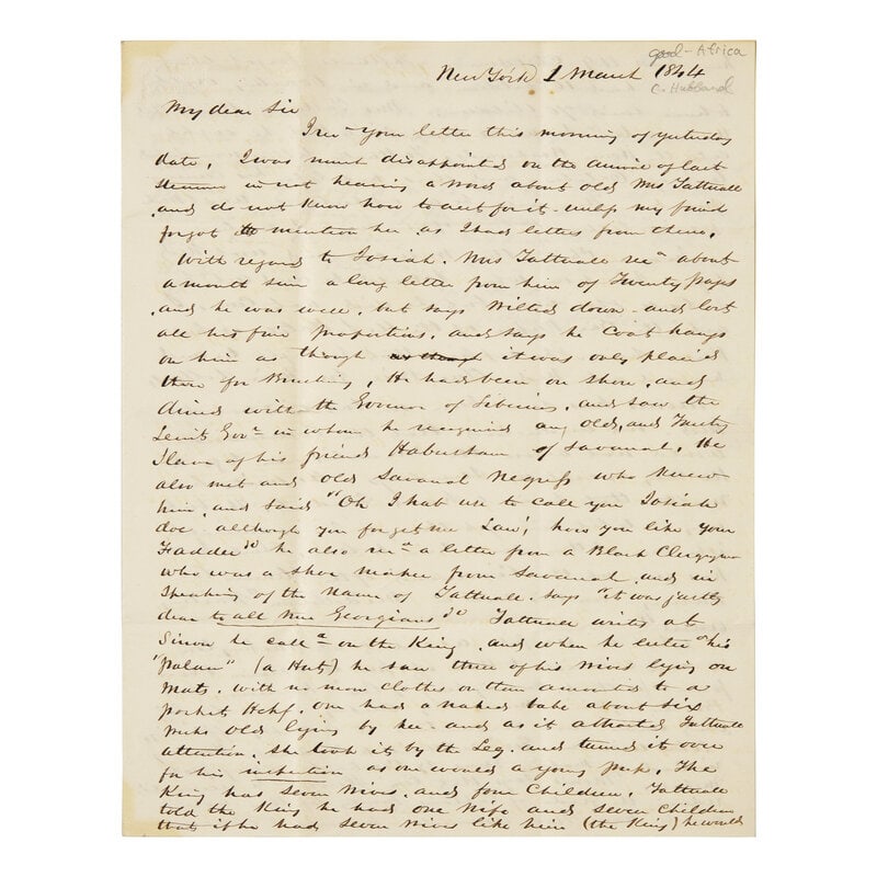 [Paulding, Hiram] [Liberia]. (Tattnall, Josiah). Autograph Letter, signed (1 of 2)