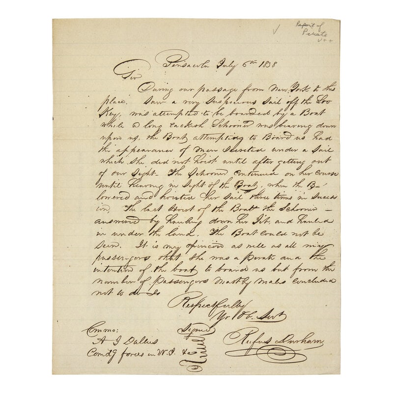 [Paulding, Hiram] [Pirates] MacIntosh, James M. Two Letters Reporting of Pirates (1 of 2)