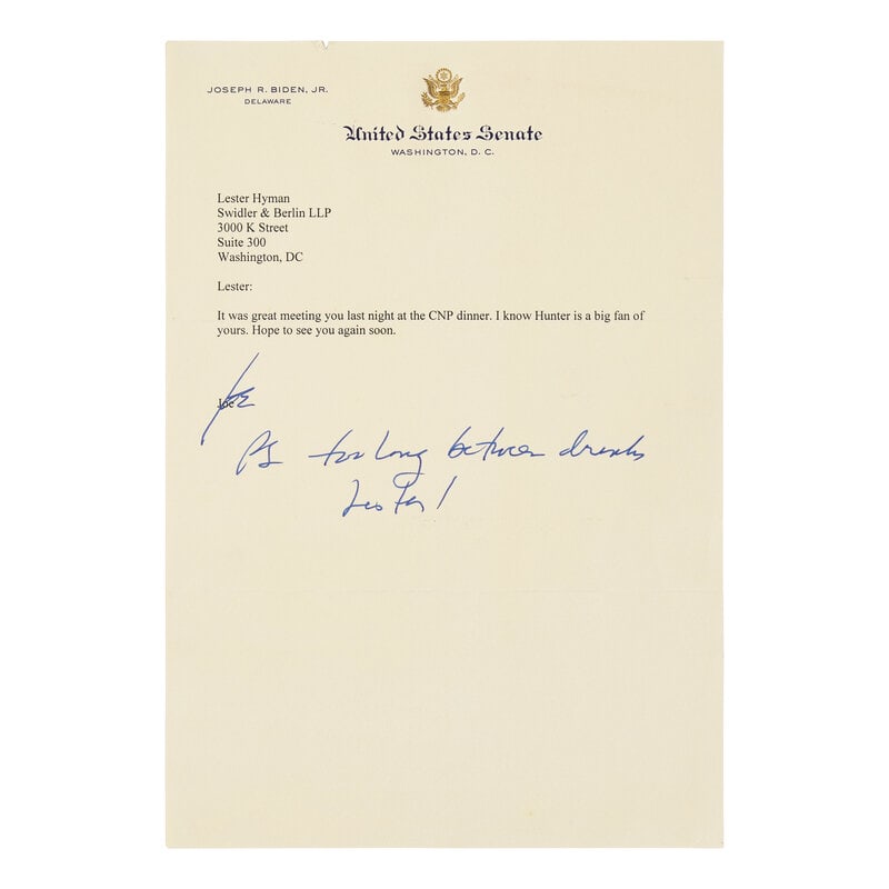 [Presidential] Biden, Joseph. Typed Letter, signed. : [Presidential] Biden, Joseph. Typed Letter, signed. Washington, D.C. No date. One sheet, 10 1/2 x 7 1/2 in. (254 x 190 mm). Typed letter signed by Joe Biden as a Delaware senator to Lester Hyman.