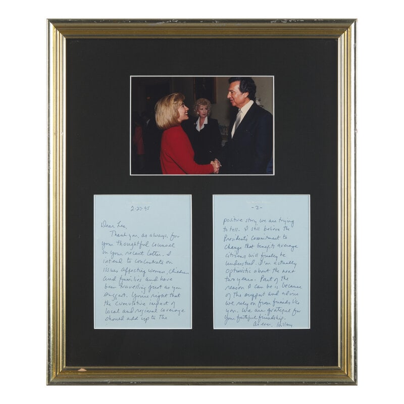 [Presidential] Clinton, Hillary Rodham. Autograph Letter, signed: [Presidential] Clinton, Hillary Rodham. Autograph Letter, signed (Washington, D.C.), February 27, 1995. Two sheets, 7 1/4 x 5 1/4 in. (sight) (184 x 133 mm). Autograph letter signed by Hillary