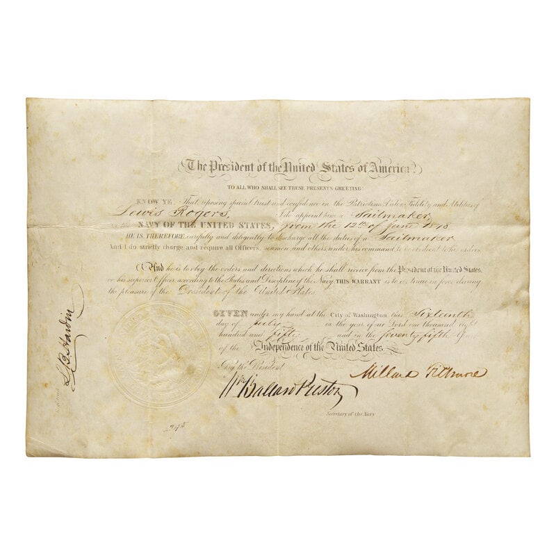 [Presidential] Fillmore, Millard. Partially Printed Document, signed: [Presidential] Fillmore, Millard. Partially Printed Document, signed Washington, D.C. July 16, 1850. Vellum sheet, 8 x 11 in. (203 x 280 mm). Naval commission signed by President Millard Fillmore, app