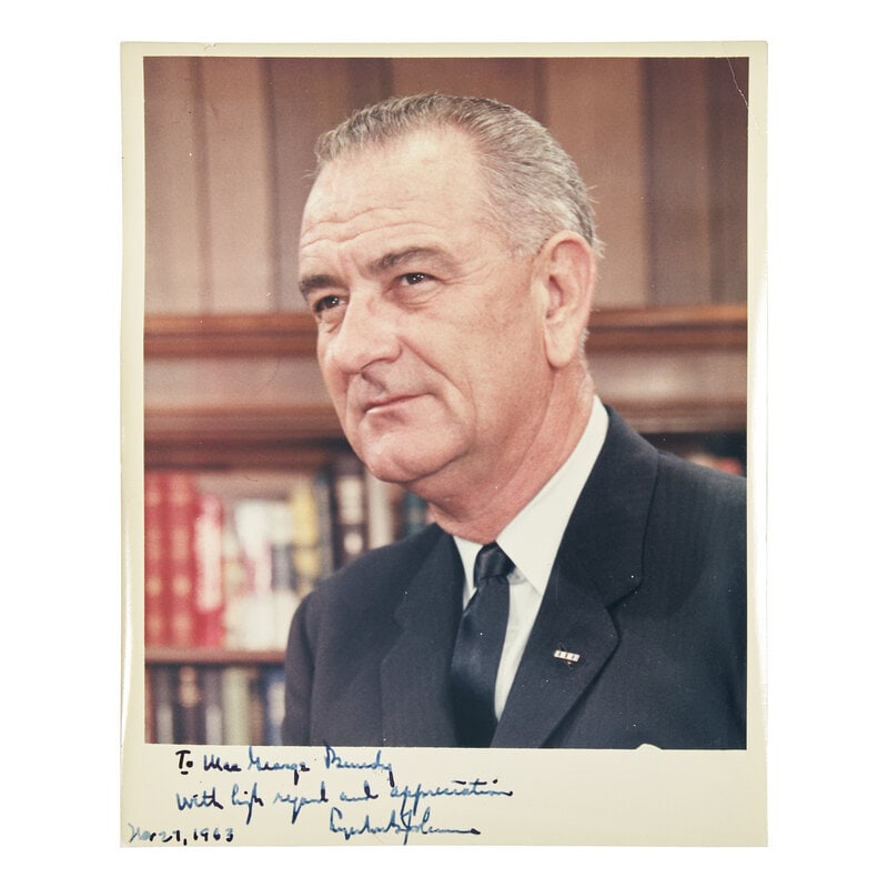 [Presidential] Johnson, Lyndon B. Inscribed Photograph: [Presidential] Johnson, Lyndon B. Inscribed Photograph (Washington, D.C.), November 27, 1963. Color photograph, 10 x 8 in. (254 x 203 mm). Chest-up portrait of Johnson, inscribed below image "To