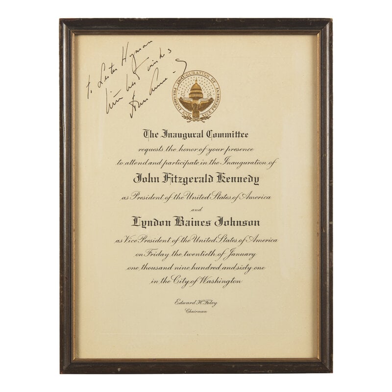 [Presidential] (Kennedy, John F.) Inauguration Invitiation: [Presidential] (Kennedy, John F.) Inauguration Invitiation (Washington, D.C.), ca. 1960. One sheet, 11 x 8 in. (sight) (279 x 203 mm). Official invitation to the Inauguration of John F. Kennedy and
