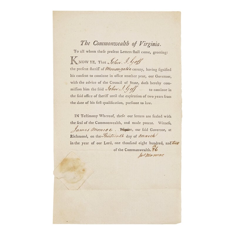 [Presidential] Monroe, James. Partially Printed Document, signed: [Presidential] Monroe, James. Partially Printed Document, signed Richmond, March 13, 1802. One sheet, 12 x 1 1/4 in. (305 x 31 mm). Partially printed document signed by James Monroe as governor of