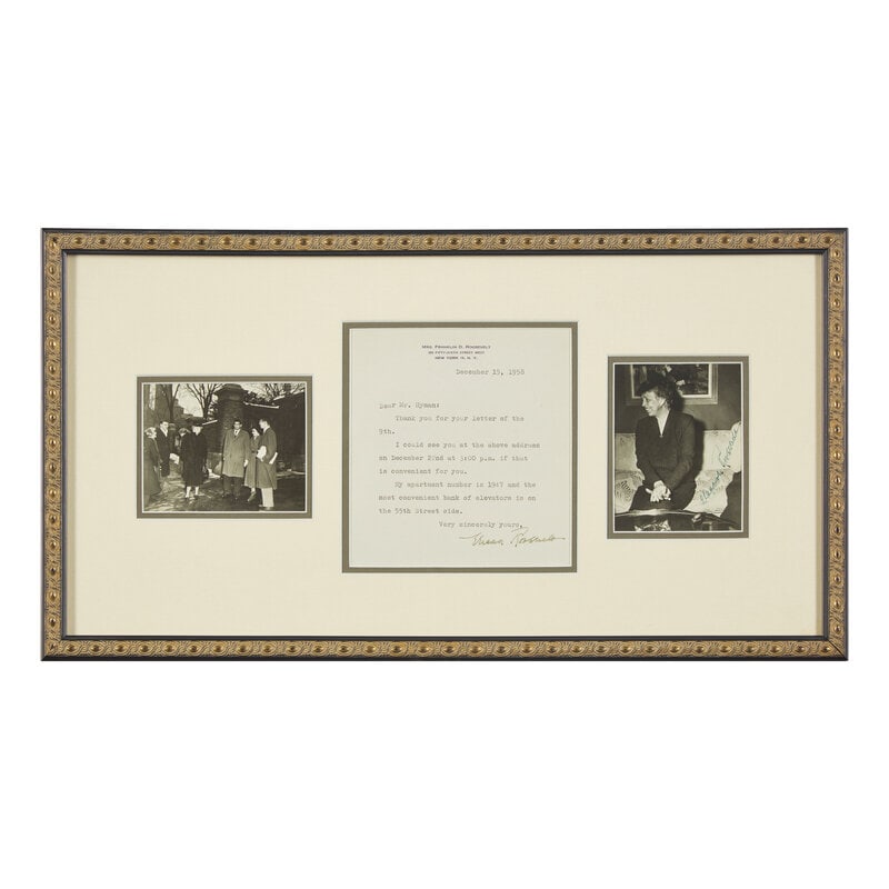 [Presidential] Roosevelt, Eleanor. Typed Letter, signed, and Signed Photograph: [Presidential] Roosevelt, Eleanor. Typed Letter, signed, and Signed Photograph New York, December 15, 1958. One sheet, 6 x 5 1/2 in. (sight) (152 x 140 mm). Typed letter signed by Eleanor Roosevelt to