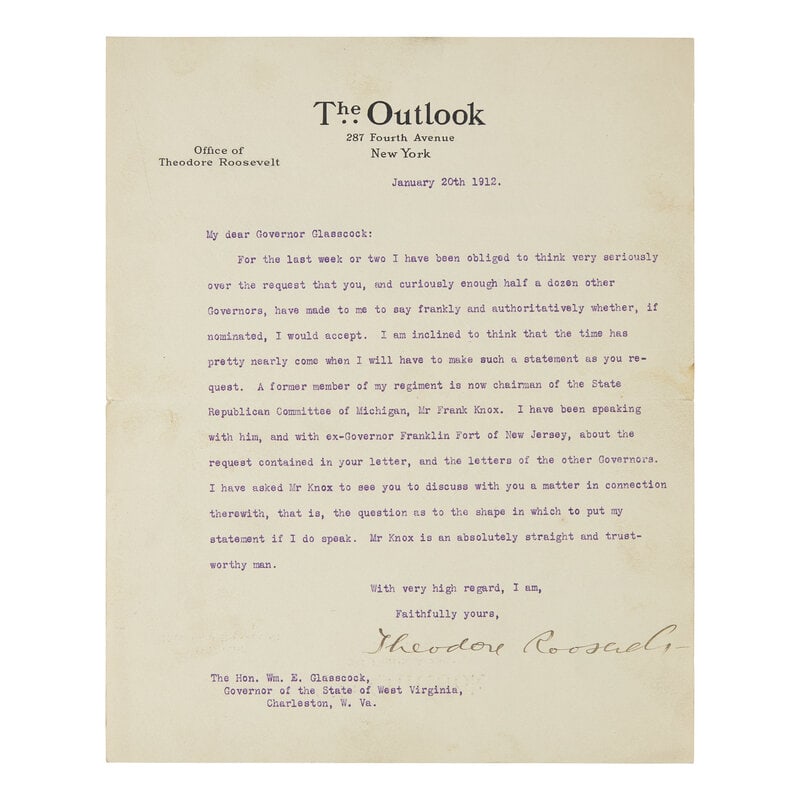 [Presidential] Roosevelt, Theodore. Typed Letter, signed: [Presidential] Roosevelt, Theodore. Typed Letter, signed Roosevelt "Ponders" Accepting the 1912 Republican Presidential Nomination New York: January 20, 1912. One sheet,
