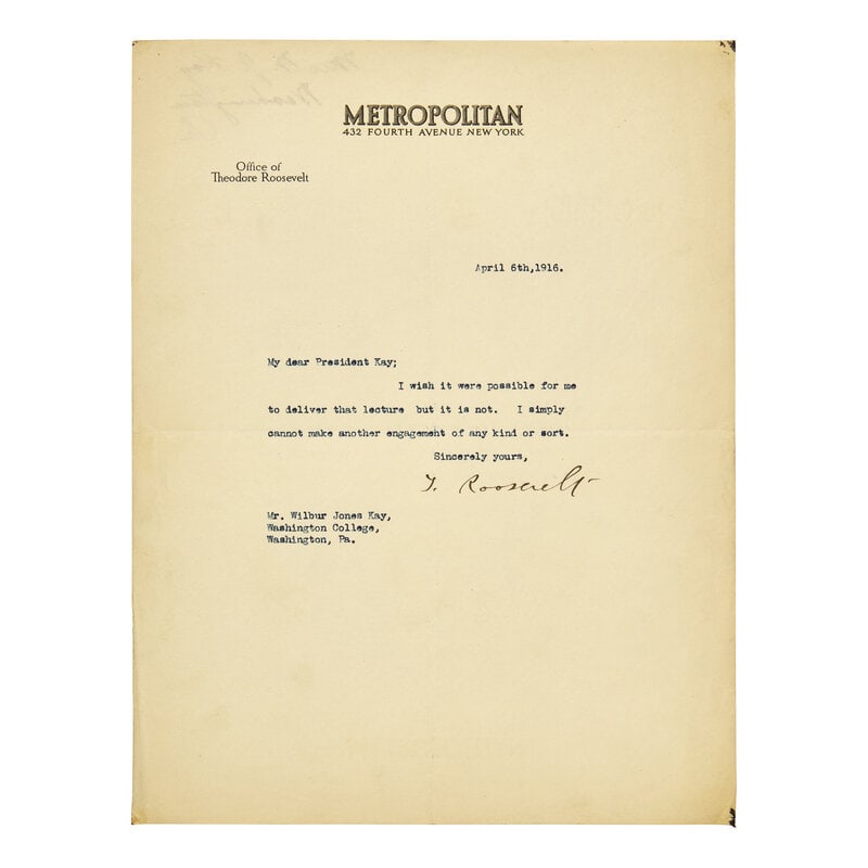 [Presidential] Roosevelt, Theodore. Typed Letter, signed (1 of 1)