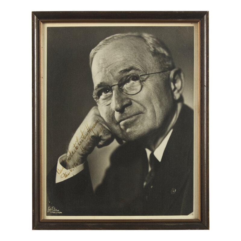 [Presidential] Truman, Harry. Inscribed Photograph: [Presidential] Truman, Harry. Inscribed Photograph No place, December 6, 1954. Black and white portrait by Leo Stern, 9 3/4 x 7 3/4 in. (248 x 197 mm). Inscribed by former President Harry Truman