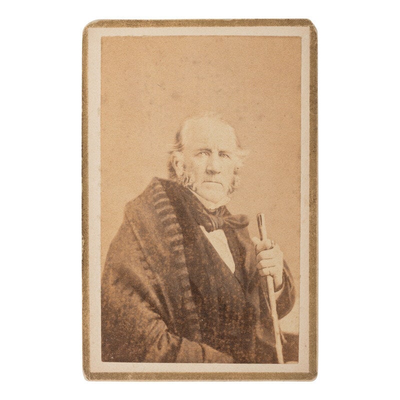 [Texas] (Houston, Sam). Carte de Visite: [Texas] (Houston, Sam). Carte de Visite New York: C.D. Fredricks & Co., ca 1860. CDV seated portrait of Houston with Fredricks & Co.'s 587 Broadway imprint on verso. Houston sits wearing