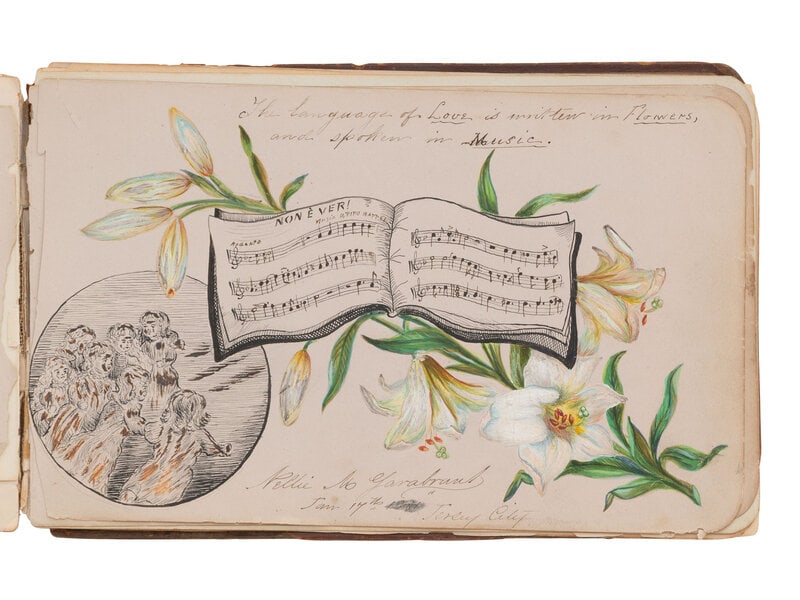 [Theater] Autograph Album, ca. 1881: [Theater] Autograph Album, ca. 1881 (New York), ca. 1881-86. Oblong autograph album containing miscellaneous signers, mostly theater personalities. Unpaginated. Brown morroco, heavily worn, stamped in