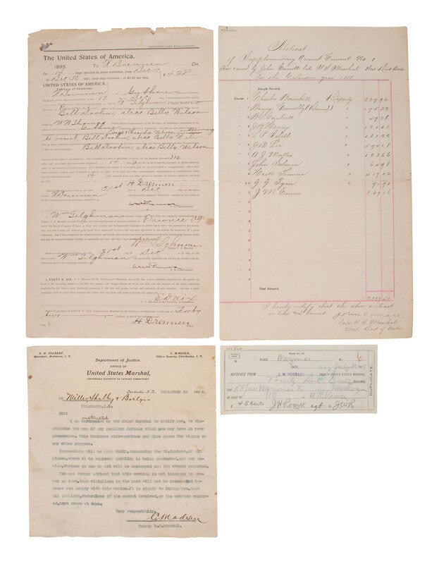 [Western Americana] (Doolin, Bill) Tilghman, William et al. Group of Documents Related to "The Three: [Western Americana] (Doolin, Bill) Tilghman, William et al. Group of Documents Related to "The Three Guardsmen" U.S. Marshals Including: 1. (Oklahoma), ca. 1895. One sheet, 13 3/4 x 8 1/4 in. (34