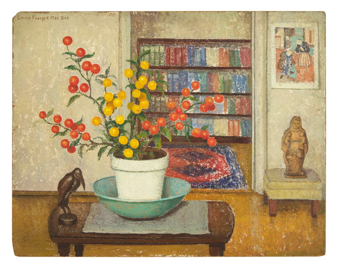 Emma Fordyce MacRae (American, 1887-1974) Hector (Jerusalem Cherries in New York Interior): Emma Fordyce MacRae (American, 1887-1974) Hector (Jerusalem Cherries in New York Interior) oil on Masonite signed EMMA FORDYCE MACRAE (upper left); with 'The Estate of Emma Fordyce MacRae' stamp (vers